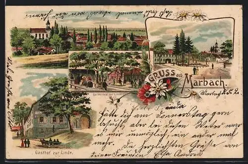 Lithographie Marbach / Erfurt, Gasthof zur Linde, Gartenlokal zur Linde, Ortsansicht