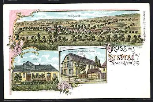 Lithographie Stedten / Erfurt, Gasthaus von Adelbert Künzel, Schule, Totalansicht