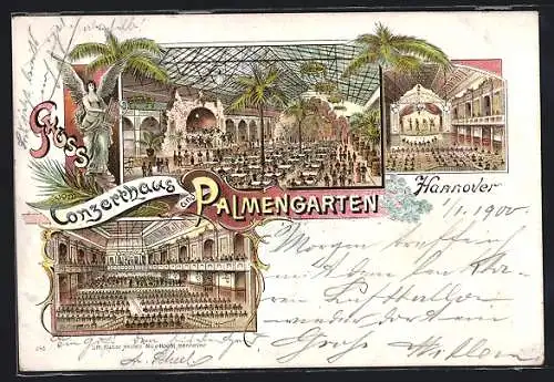 Lithographie Hannover, Innenansichten Konzerthaus und Palmengarten