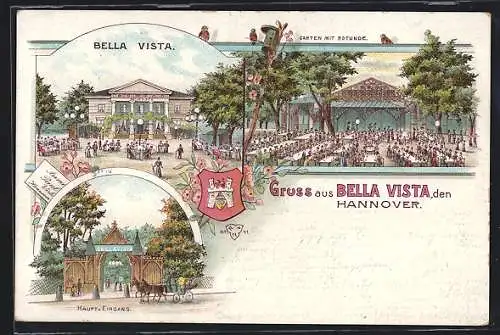 Lithographie Hannover, Gasthaus Bella-Vista, Gartenlokal mit Rotunde, Haupteingang, Wappen