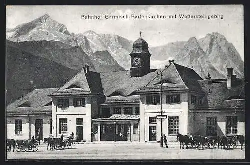 AK Garmisch-Partenkirchen, Bahnhof gegen das Wettersteingebirge