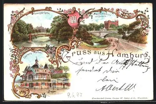 Lithographie Hamburg-St. Pauli, Botanischer Garten, Karsten-Miles Brücke mit Seewarte, Fährhaus St. Pauli