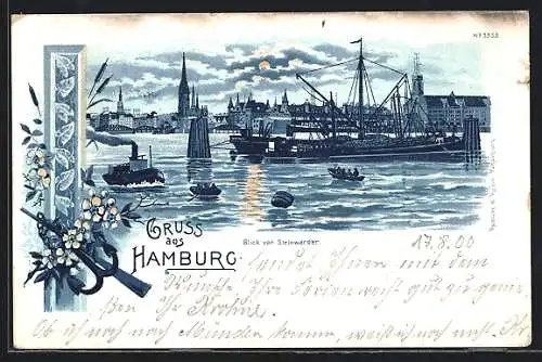 Lithographie Hamburg, Blick von Steinwärder