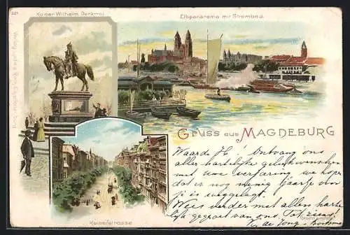 Lithographie Magdeburg, Elbpanorama mit Strombad, Kaiser Wilhelm Denkmal, Blick in die Kaiserstrasse