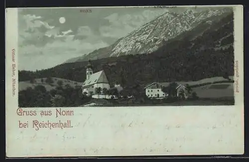 Mondschein-Lithographie Nonn bei Reichenhall, Ortsansicht mit Bergpanorama