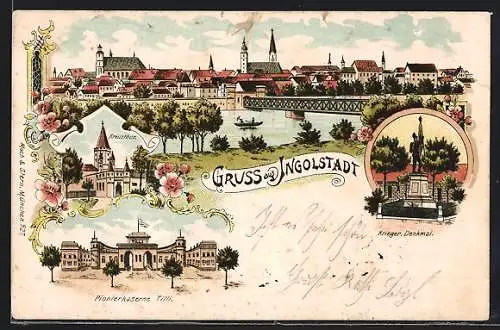 Lithographie Ingolstadt, Pionierkaserne Tilli, Stadtpanorama mit Brücke