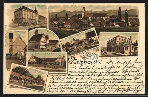 Lithographie Bad Wörishofen, Pfarrhof, Kurhaus, Pfarrkirche, Wandelbahn, Frauen-Bad Geromiller