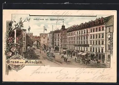 Lithographie München, Karlsthor und Oberpollinger