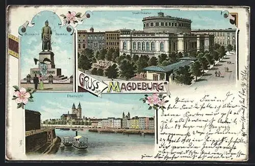 Lithographie Magdeburg, Stadt-Theater mit Elbansicht