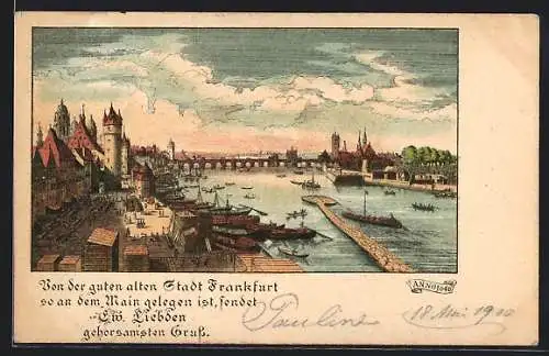 Lithographie Frankfurt, Stadtansicht Anno 1646 Von der guten alten Stadt...