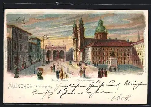 Lithographie München, Feldherrnhalle und Theatinerkirche