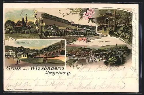 Lithographie Wiesbaden, Waldhäuschen, Leichtweisshöhle, Nerobergbahn und Sonnenberg