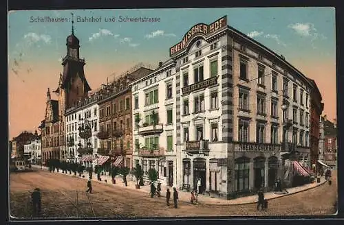 AK Schaffhausen, Bahnhofstrasse und Schwertstrasse mit Restaurant Rheinischer Hof