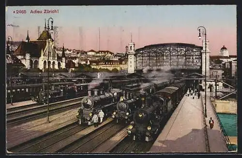 AK Zürich, Bahnhof mit abfahrenden Zügen