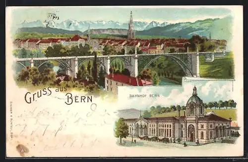 Lithographie Bern, Bahnhof, Ortsansicht mit Brücke