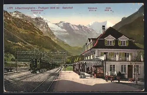 AK Frutigen, Lötschbergbahn, Bahnhof mit Doldenhörner, Balmhorn und Altels