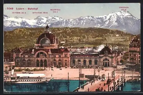 AK Luzern, Der Bahnhof gegen die Alpen