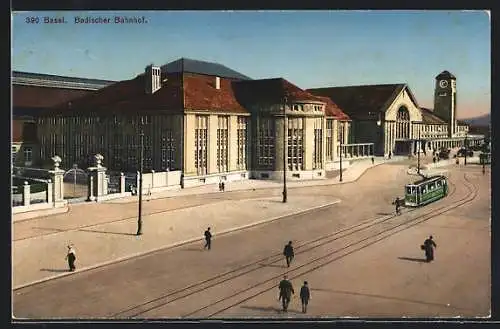 AK Basel, Strassenbahn am Badischen Bahnhof