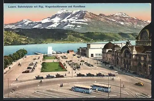 AK Luzern, Bahnhofplatz mit Rigi, Wagenbachbrunnen und Kunsthaus