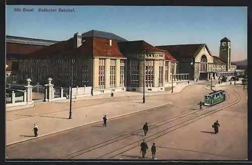 AK Basel, Strassenbahn am Badischen Bahnhof