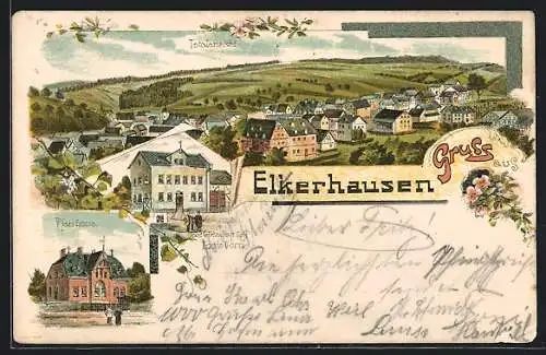 Lithographie Elkerhausen, Gasthaus v. Louis Dorn, Pfarrhaus, Gesamtansicht