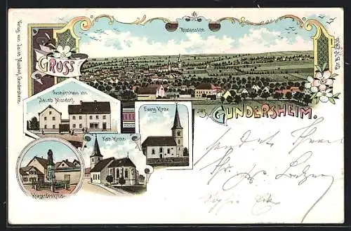 Lithographie Gundersheim, Evang. & Kath. Kirche, Kriegerdenkmal und Ortspanorama