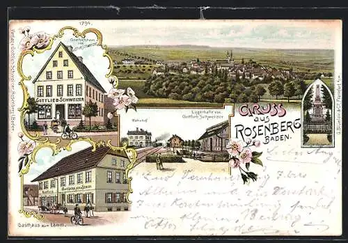 Lithographie Rosenberg /Baden, Geschäftshaus und Lagerhalle v. Gottlieb Schweizer, Gasthaus zum Lamm, Bahnhof