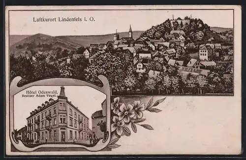 AK Lindenfels i. O., Hotel Odenwald v. Adam Vogel, historische Ortsansicht