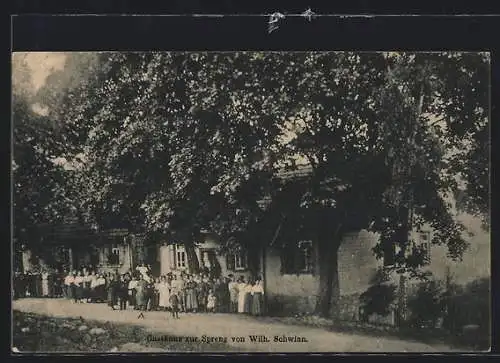 AK Reichelsheim i. O., Gasthaus zur Spreng von Wilh. Schwinn, Menschenmenge davor