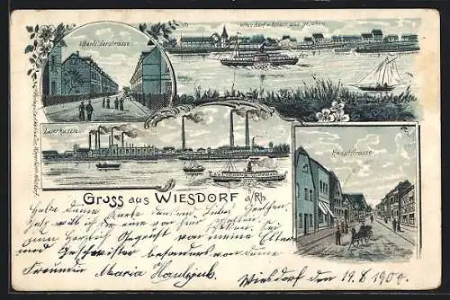 Lithographie Wiesdorf a. Rh., Elberfelderstrasse, Leverkusen, Hauptstrasse, Rheinansicht