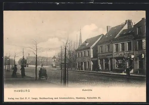 AK Hamburg-Uhlenhorst, Strassenbahn und Buchhandlung Carl Lange an der Kuhmühle