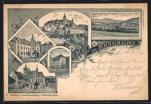 Lithographie Schmalkalden, Lutherhaus, Postamt, Schloss Wilhelmsburg, Stadtkirche