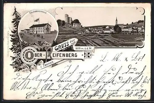 Lithographie Ober-Reifenberg / Taunus, Gasthof Feldberghaus, Ortsansicht
