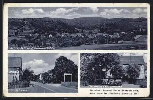 AK Schreufa, Totalansicht, Dorfstrasse & Gasthaus Chr. Schultze