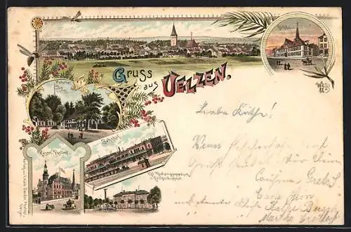 Lithographie Uelzen, Bahnhof, Rathaus, Realprogymnasium & Kriegerdenkmal, Fischerhof, Postamt & Gesamtansicht