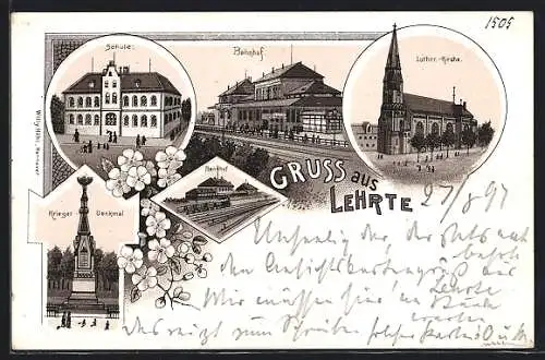 Lithographie Lehrte, Bahnhof, Luther-Kirche, Schule, Kriegerdenkmal
