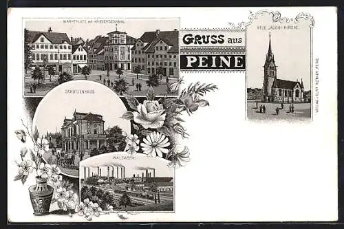 Lithographie Peine, Gasthaus Schützenhaus, Marktplatz mit Kriegerdenkmal, Neue Jacobi-Kirche