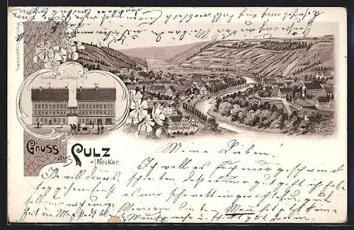 Lithographie Sulz a. Neckar, Gasthof zur Sonne und Stadtansicht