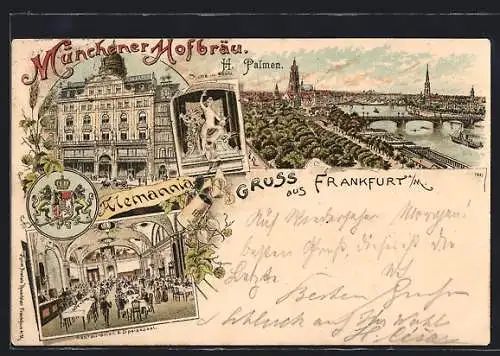 Lithographie Frankfurt, Münchener Hofbräu Alemannia, Schillerplatz 4, Aussenansicht, Restauration & Speisesaal, Wappen