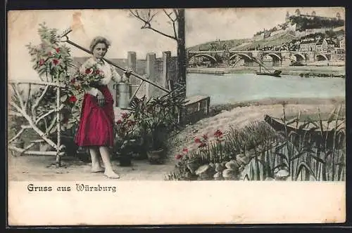 Grusskarten-AK Würzburg, Panorama mit Brücke und Schloss, hübsche Gärtnerin