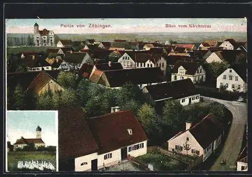 AK Zöbingen, Blick vom Kirchturm, rückseitig Gasthaus zur goldenen Krone von Hans Kurz