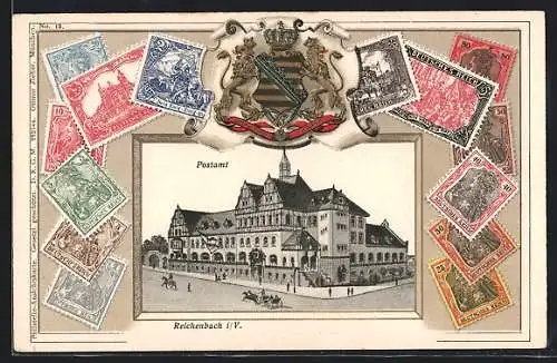 Präge-AK Reichenbach i. V., Ansicht vom Postamt, Wappen und Briefmarken