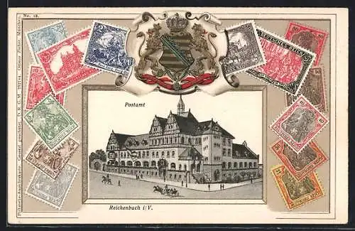 Präge-AK Reichenbach i. V., Blick auf das Postamt, Wappen und Briefmarken