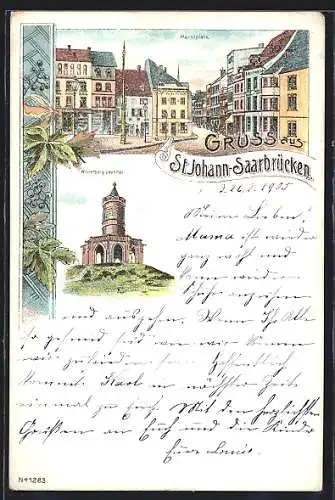 Lithographie St. Johann-Saarbrücken, Marktplatz, Winterberg-Denkmal