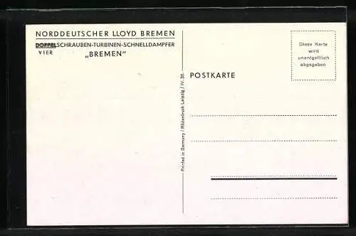 AK Passagierschiff Bremen des Norddeutschen Lloyd