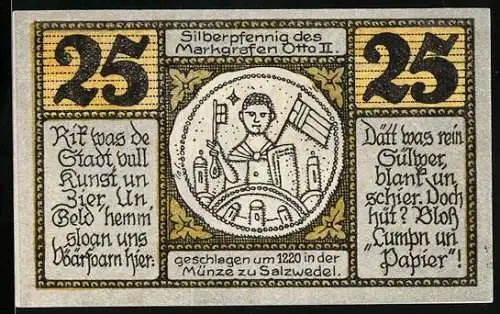 Notgeld Salzwedel 1921, 25 Pfennig, Silberpfennig des Markgrafen Otto II.