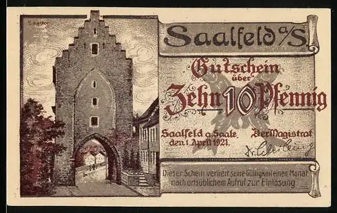 Notgeld Saalfeld a. S. 1921, 10 Pfennig, Das Saaltor, Kulm