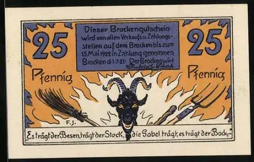 Notgeld Brocken 1921, 25 Pfennig, Hexen auf verschiedenen Gefährten