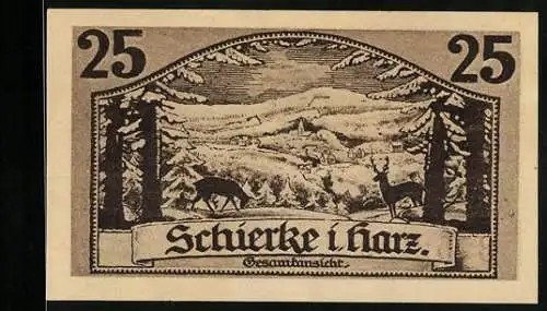 Notgeld Schierke /Oberharz 1921, 25 Pfennig, Gesamtansicht im Winter