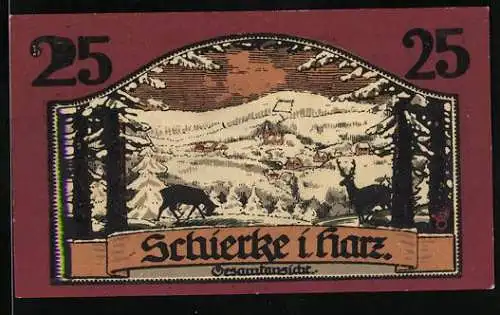 Notgeld Schierke i. Harz 1921, 25 Pfennig, Gesamtansicht im Winter